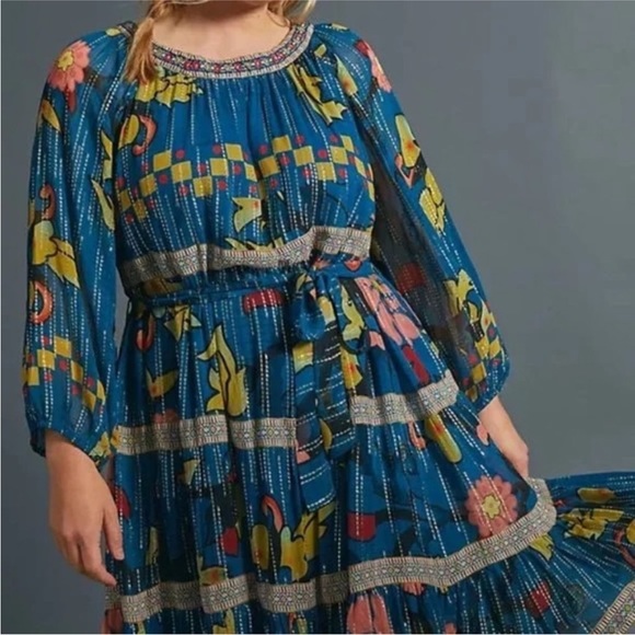 Anthropologie Verb by Pallavi Singhee Eulalia Shimmer Belted Blue Dress Size 2 - Picture 2 of 6